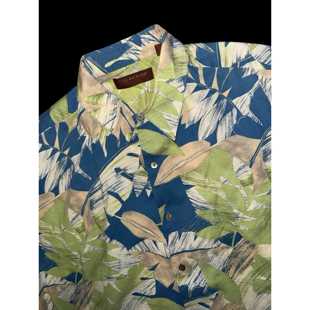 Tori Richard Button Down Shirt Mens XL Blue Green Tropical Leaf Cotton Lawn USA